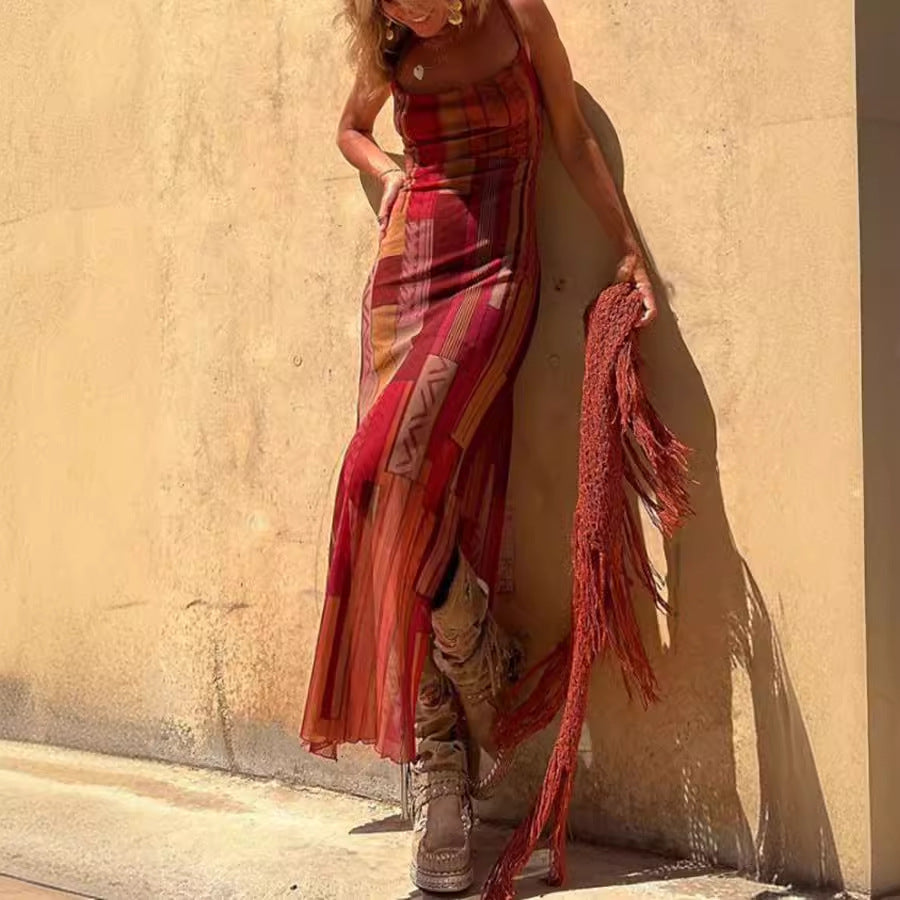 Sexy Sleeveless Printed Stretch Split Straps Tulle Dress Gemi