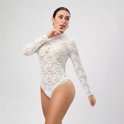 Mono sexy de encaje blanco con diseño de blusa de manga larga, ropa de mujer de alta calidad