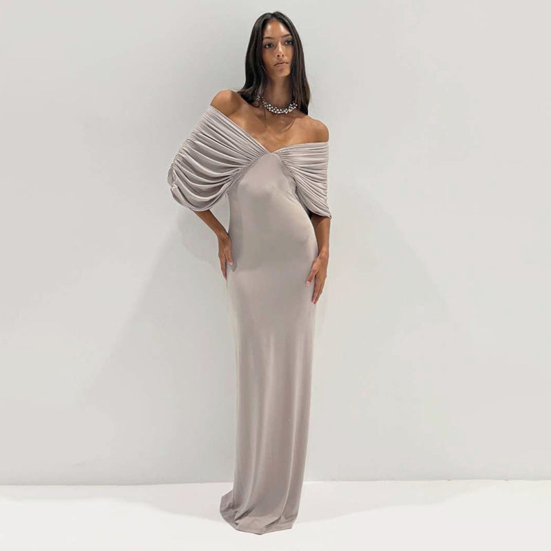 Spring Women Clothing Sexy off Neck Sleeve Slim Solid Color Maxi Dress Women YIMAIL