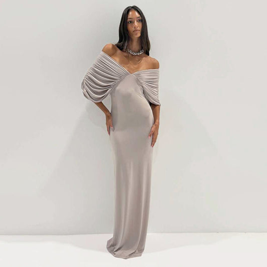 Spring Women Clothing Sexy off Neck Sleeve Slim Solid Color Maxi Dress Women YIMAIL