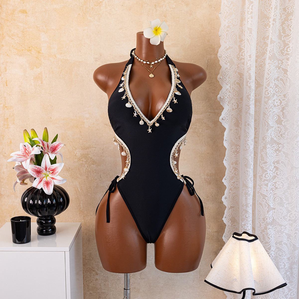 One Piece Swimsuit Women Skinny Slimming Sexy Backless Shell Swimsuit BALANCE