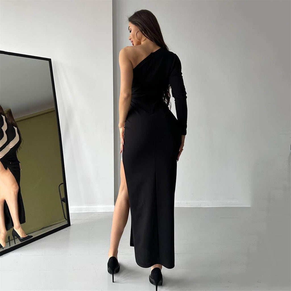 Vestido midi sexy con cuello en diagonal y manga corta para mujer, con costuras de malla y abertura.