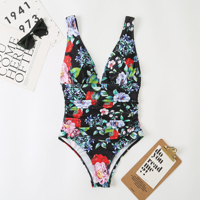 Traje de baño de una pieza para mujer, de cintura alta, triangular, estampado multicolor, estilo conservador doméstico.