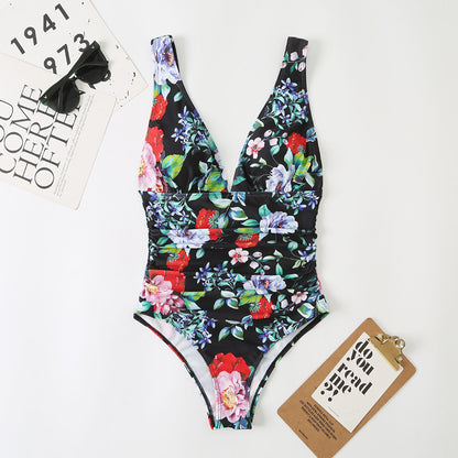 Traje de baño de una pieza para mujer, de cintura alta, triangular, estampado multicolor, estilo conservador doméstico.