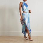 Summer Sexy Positioning Printing Satin Backless Top Irregular Asymmetric Skirt Two Piece Set