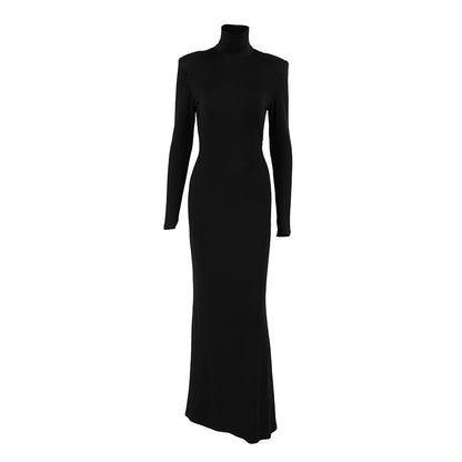 Spring Elegant Black Sexy Backless Knitted Slim Fit Long Sleeved Turtleneck Dress for Women FOREVEREIGHTEEN