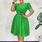 Women Clothing Pleated Elegant V neck Large Swing Dress Morn