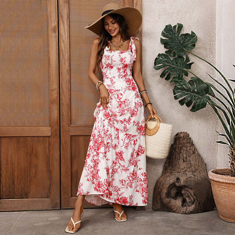 French Vacation Strap Retro Printed Large Swing Dress HUNDRED