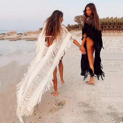Summer Vacation Beach Dress Sexy Knitted Hollow Out Cutout Bikini Smock Dress Outer Tassel Dress