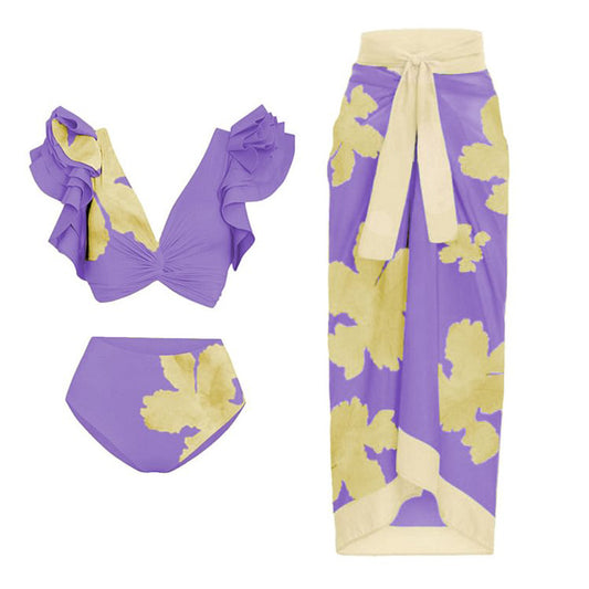 Split Bikini Lotus Sleeve High Waisted Trousers Sexy Slimming Swimsuit Women Floral ShineRealm