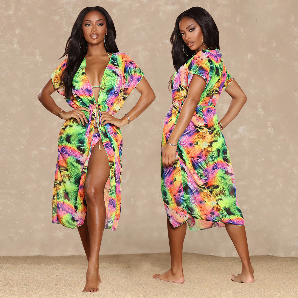 Falda de playa de verano para mujer, bikini con estampado digital, chal de tres piezas