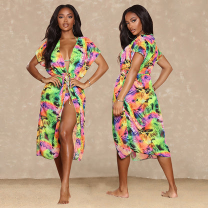 Falda de playa de verano para mujer, bikini con estampado digital, chal de tres piezas