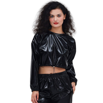 Sudadera corta con capucha y cordón ajustable de manga larga, sexy, de cuero brillante y bronceado