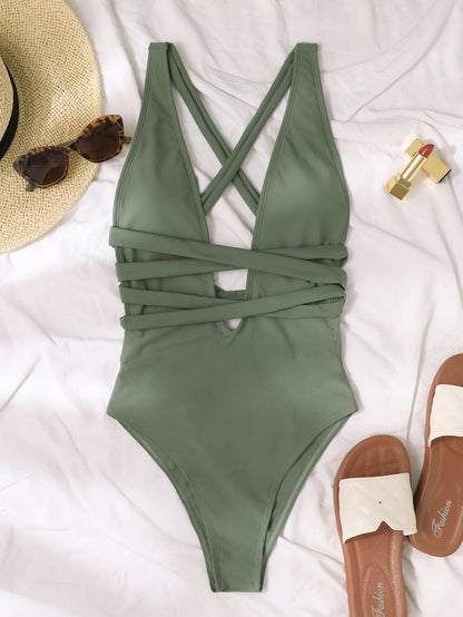 Swimwear Solid Color V-neck Bandage Lace-up One-Piece Backless Sexy Bikini Swimsuit