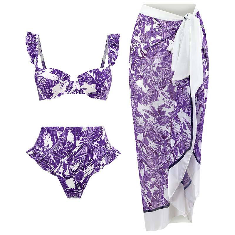 Traje de baño retro dividido de tres piezas, traje de baño con cordones y falda de playa