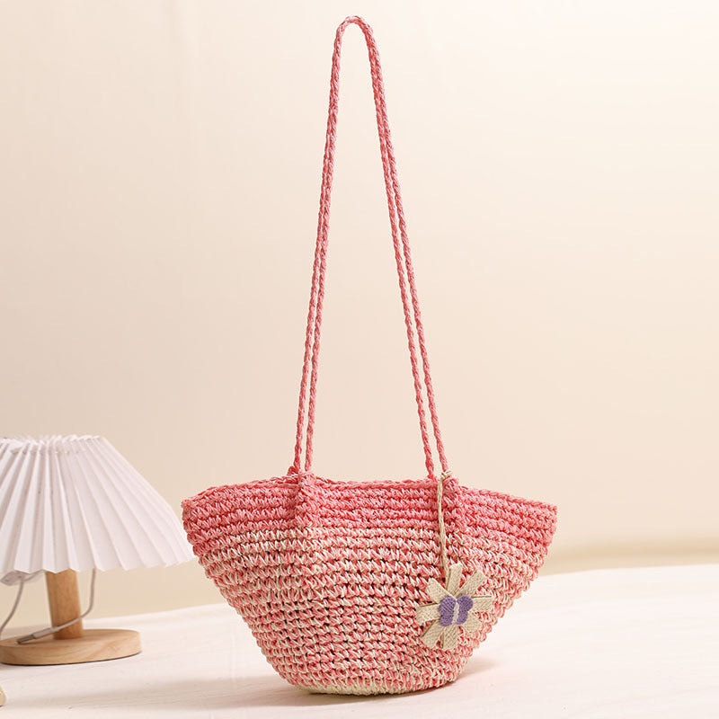 Sac en paille à motif floral frais, sac en paille dégradé de couleurs, sac tissé, sac de plage, sac bandoulière 
