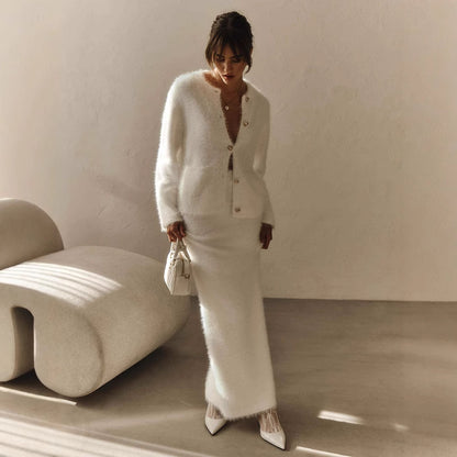 Plush Long-Sleeved Skirt Set Autumn Winter Single Breasted Cardigan Skirt Set