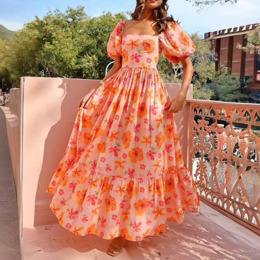 Spring Summer Summer Bubble Sleeve Square Collar Printing A Line High Waist Dress Women Havill