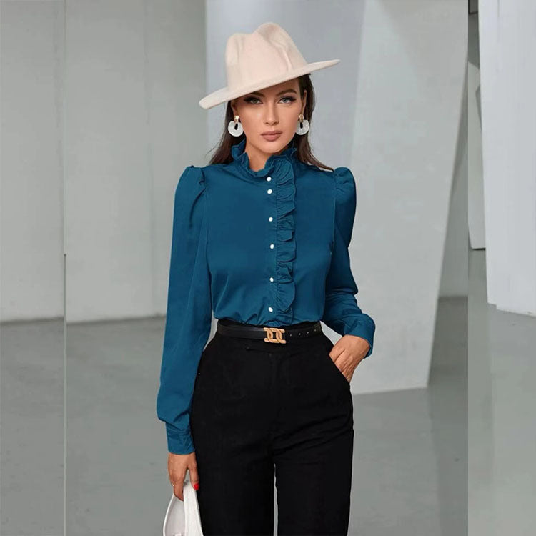 Camisa de mujer de otoño de tejido de acetato de alta calidad, camisa de media manga con volantes, blusa recta para mujer