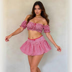 Women Clothing Summer Plaid Sexy Bow Tube Top Sexy Short Skirt Two Piece Sets Eedele