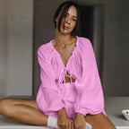 Pijama de algodón holgado e informal de otoño para mujer, cárdigan de manga larga y pantalones cortos, ropa de casa cómoda que se puede usar al aire libre.
