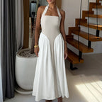 Casual Vacation Color Matching Halter Backless Large Swing Dress HUNDRED