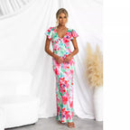 Spring Summer Floral Fresh Sweet V neck Lotus Leaf Sleeve Mid Length Dress XUYUN