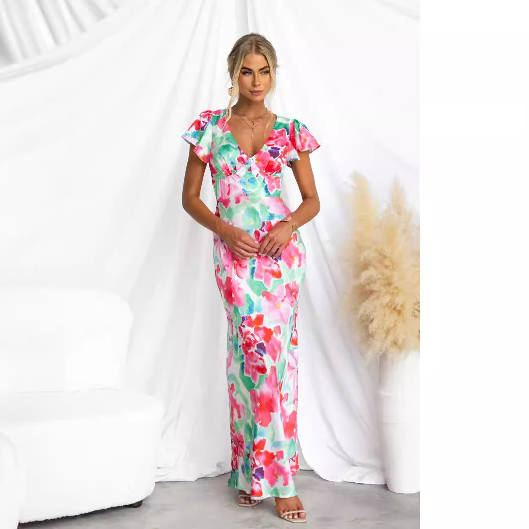 Spring Summer Floral Fresh Sweet V neck Lotus Leaf Sleeve Mid Length Dress XUYUN