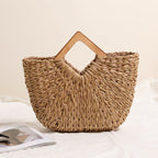 Diamond Shaped Wooden Hand Held Semicircle Straw Bag Gold Silk Mixed Hand Held Woven Bag Vacation Beach Bag Women Bag EaseWoven