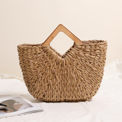Bolso de paja semicircular de madera con forma de diamante para mujer, tejido a mano, de seda dorada, ideal para vacaciones en la playa. 