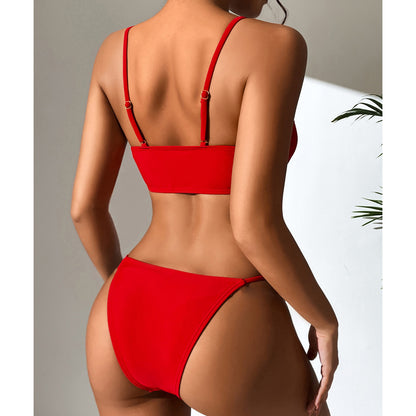 Traje de baño de bikini de cintura alta con cordón de color sólido y encaje sexy para mujer