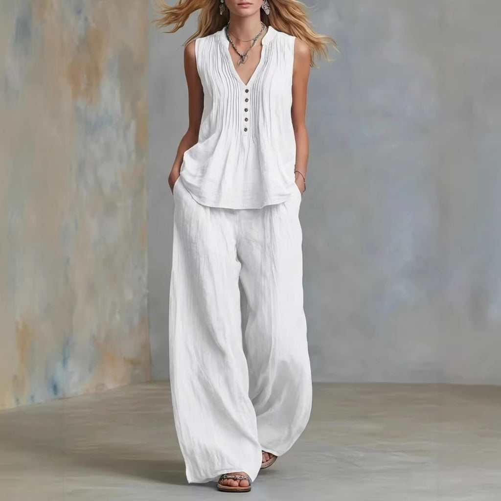 Women Clothing Summer Casual Stylish Solid Color Sleeveless V neck Set NICE