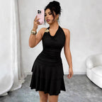 Summer Black Halter Metal Buckle Pleated Slim Fit Sheath Dress Vivish