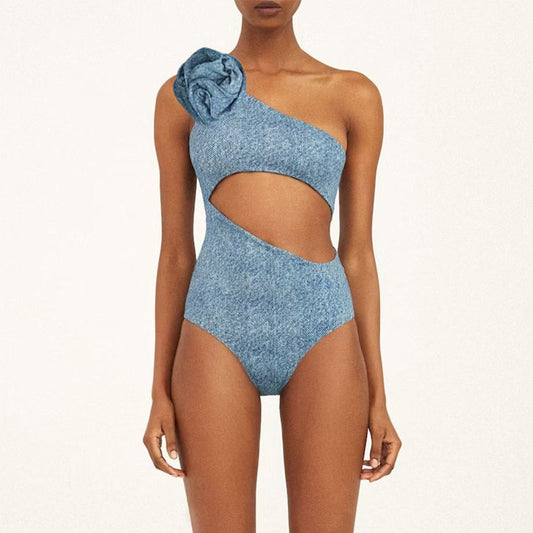 Popular Floral Decoration One Shoulder Hollow Out Cutout Soft Denim One Piece Swimsuit Women