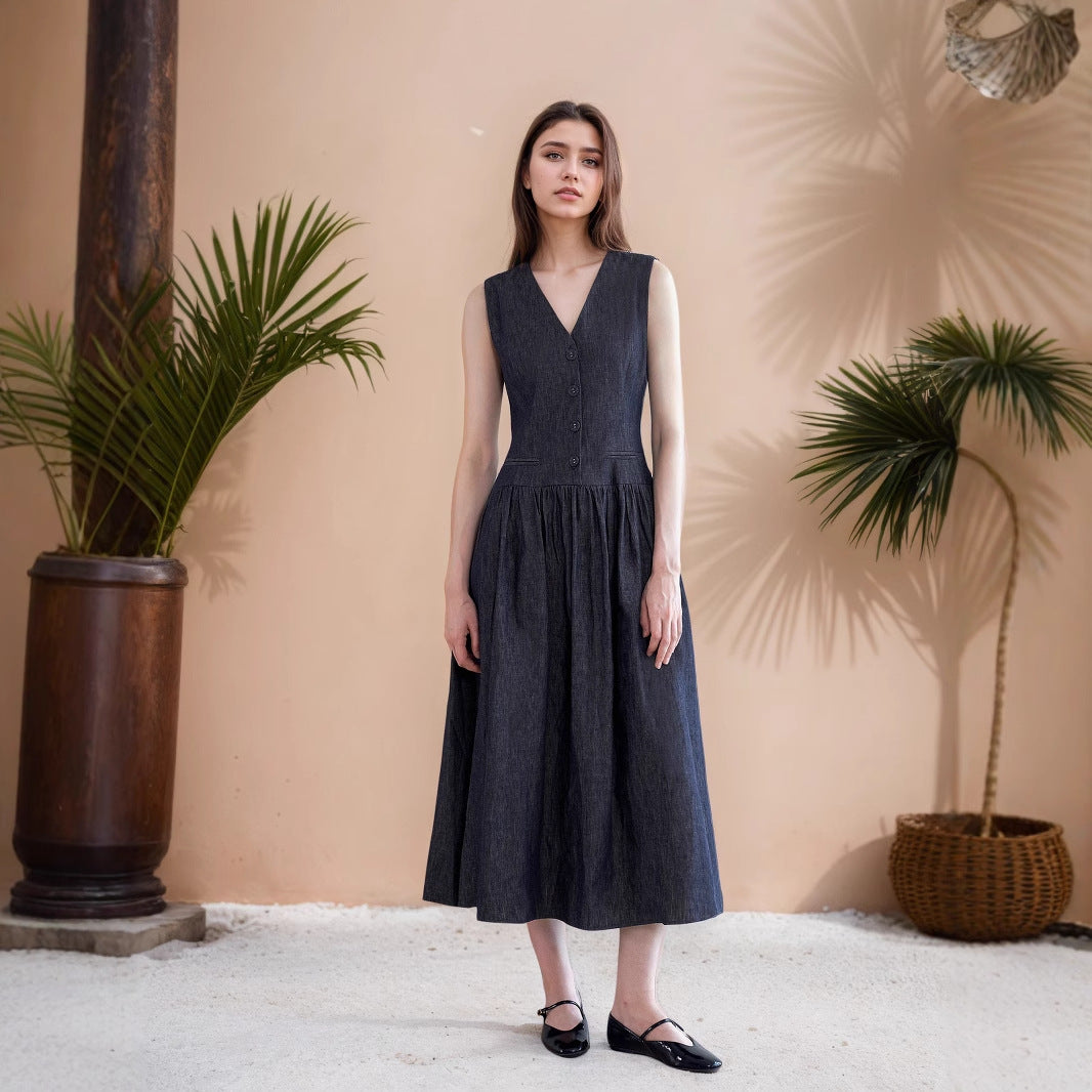 Summer Design V neck Pocket Midi Dress Simple Graceful Casual Loose Sleeveless Dress Rogan