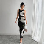Spring Summer Women Black Mesh Floral Print Sleeveless Maxi Dress Vivish