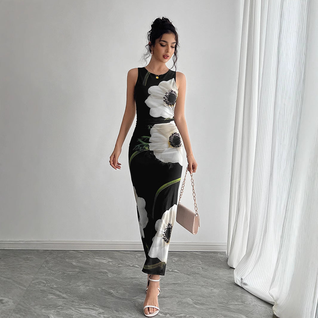 Spring Summer Women Black Mesh Floral Print Sleeveless Maxi Dress Vivish