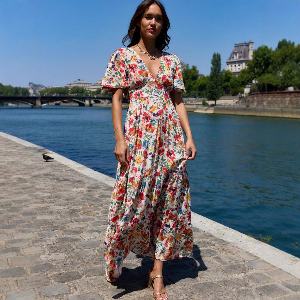 Robe longue française à imprimé floral automnal, col en V et manches évasées