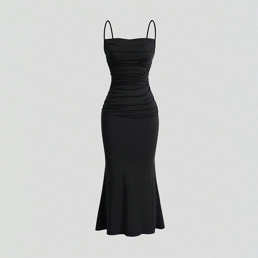 Milk Silk Pleated Waist Tight Party Slimming Covering Sheath Cami Dress Yiskiss