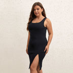 Plus Size Summer Slim Fit Slimming Square Collar Sleeveless Split Sheath Sexy Dress Yido