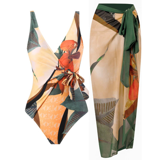 Traje de baño de gasa para mujer, estilo siamés, conservador, con espalda descubierta y falda playera
