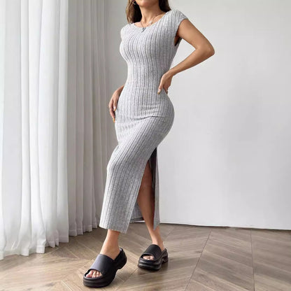 Women Clothing Summer round Neck Short Sleeve Backless Sexy Slit Dress