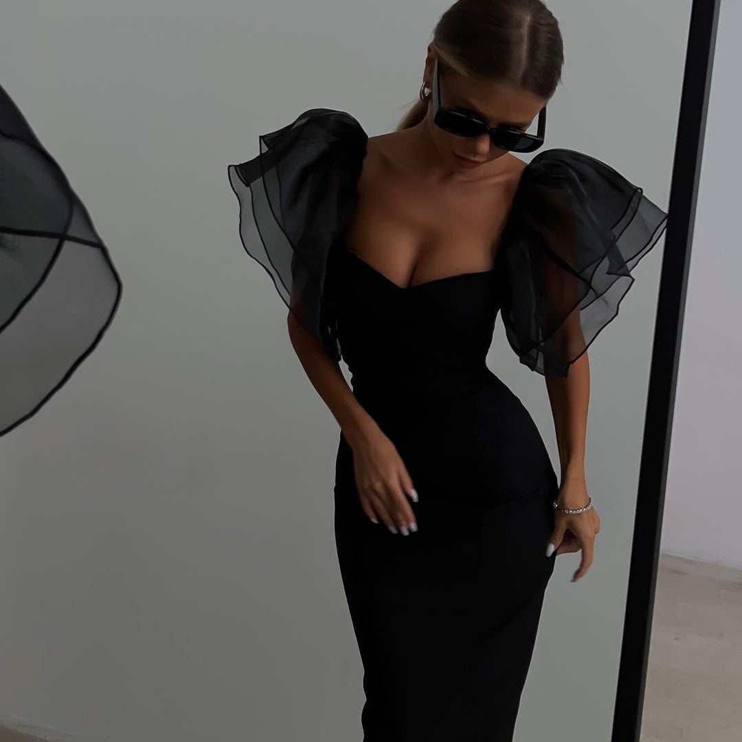 Spring Summer Tight Sexy Dress for Women Black Mesh Ruffle Sleeve Square Collar Midi Dress for Women BESSY