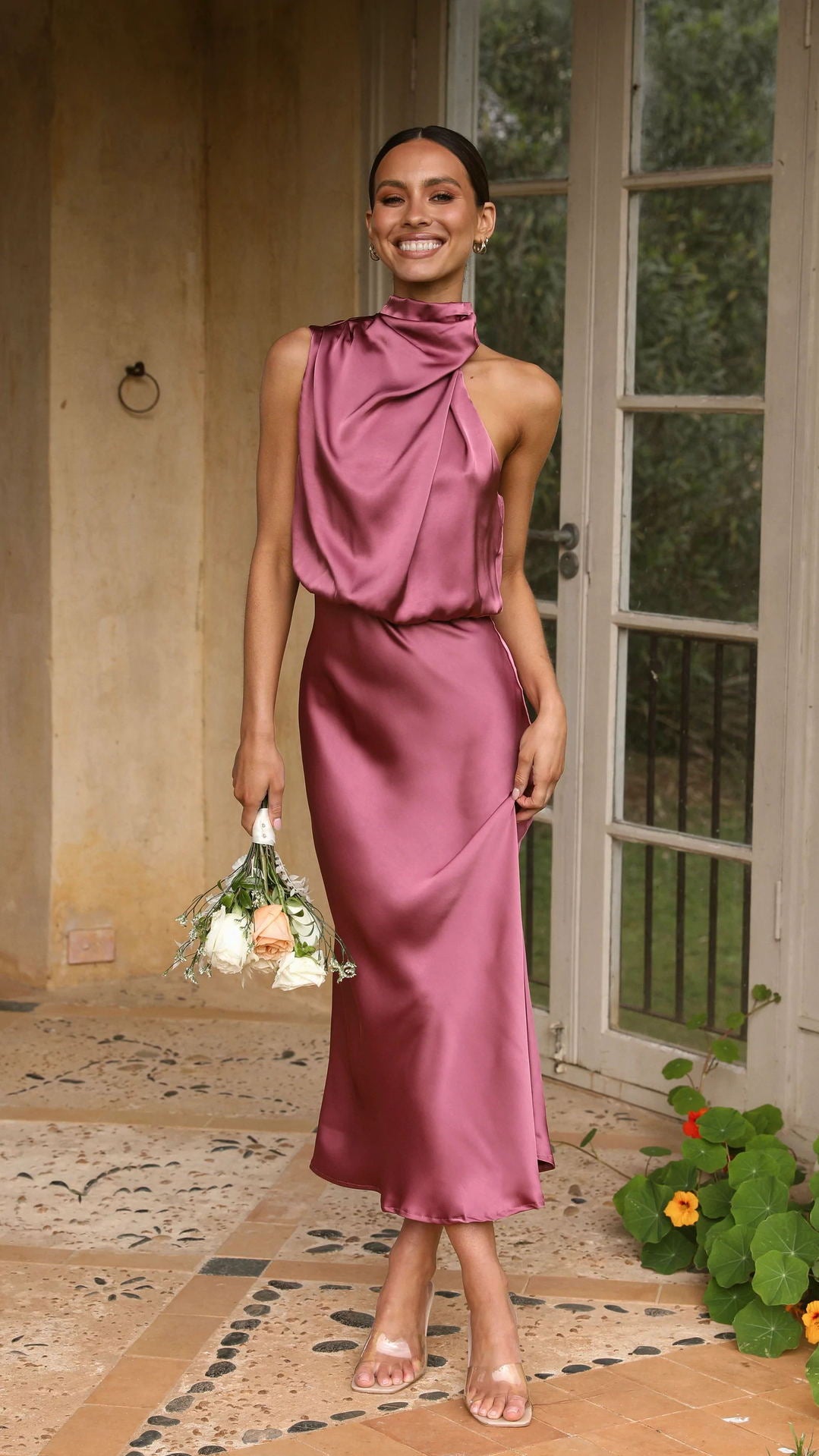 Summer Mature Elegant Women Clothing Sleeveless Halter Solid Color Satin Dress Gemi