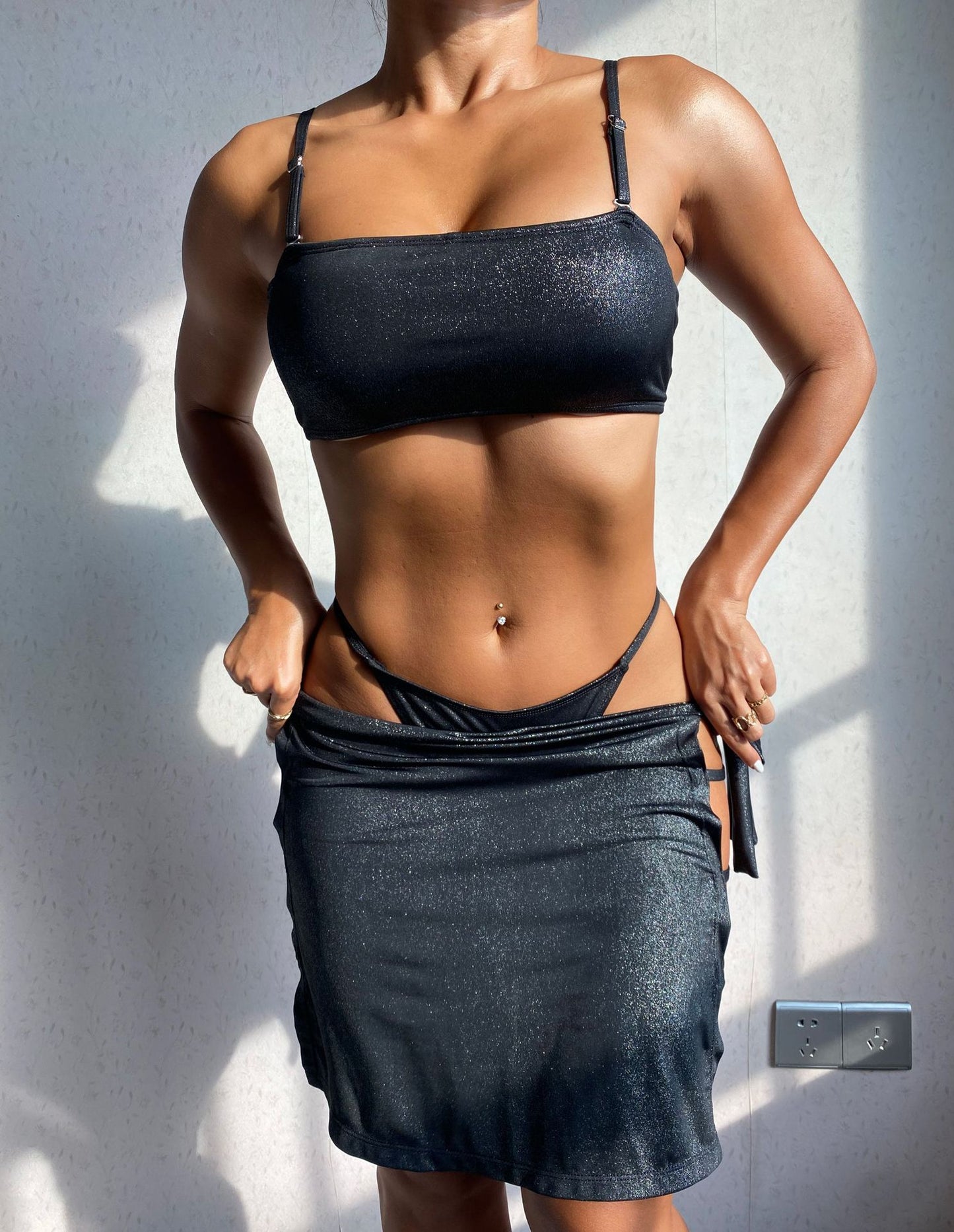 Traje de baño de tres piezas, color sólido, sexy, ajustado, espalda abierta, bikini dividido para mujer