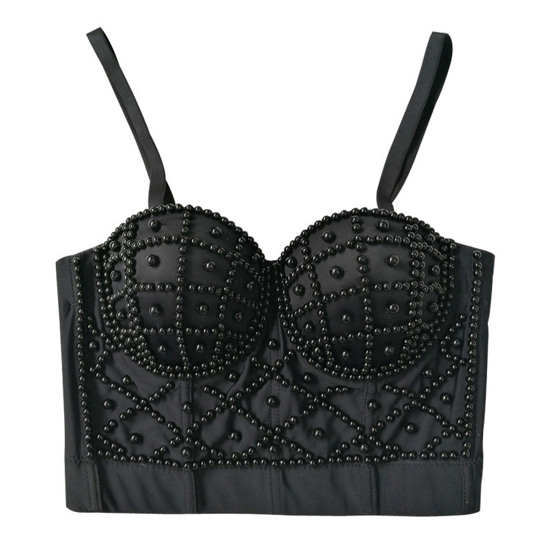 Pearl Suspender Vest Fashionable Women Outer Wear Beauty Back cropped Sexy Short Tube Top Sweet Cool Top with Chest Pad Kanuner