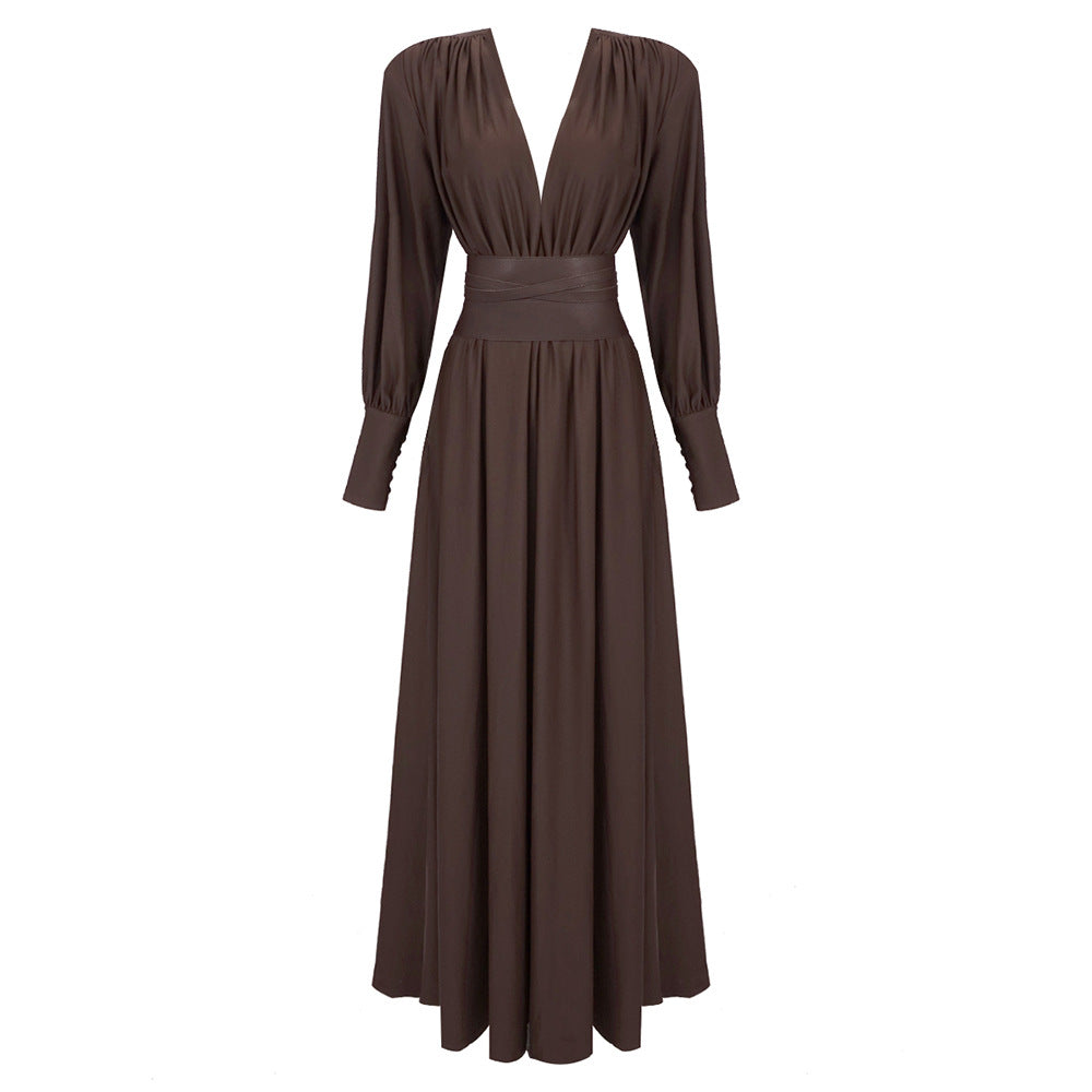 Spring Summer Chocolate Design Waist Seal Pleated Dress Brown Women Dress Sight