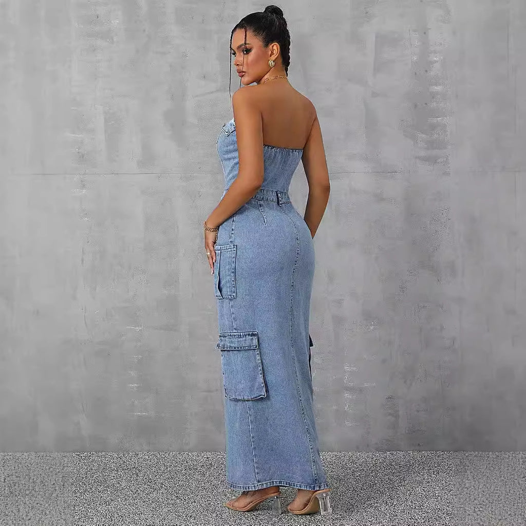 Women Clothing Casual Tube Top Tooling Large Pocket Denim Dress FentyWild