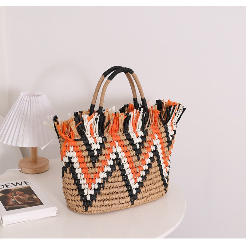 Color Matching Loose Edge Straw Bag Loose Edge Portable Color Matching Woven Bag Seaside Vacation Beach Bag Women Bag EaseWoven