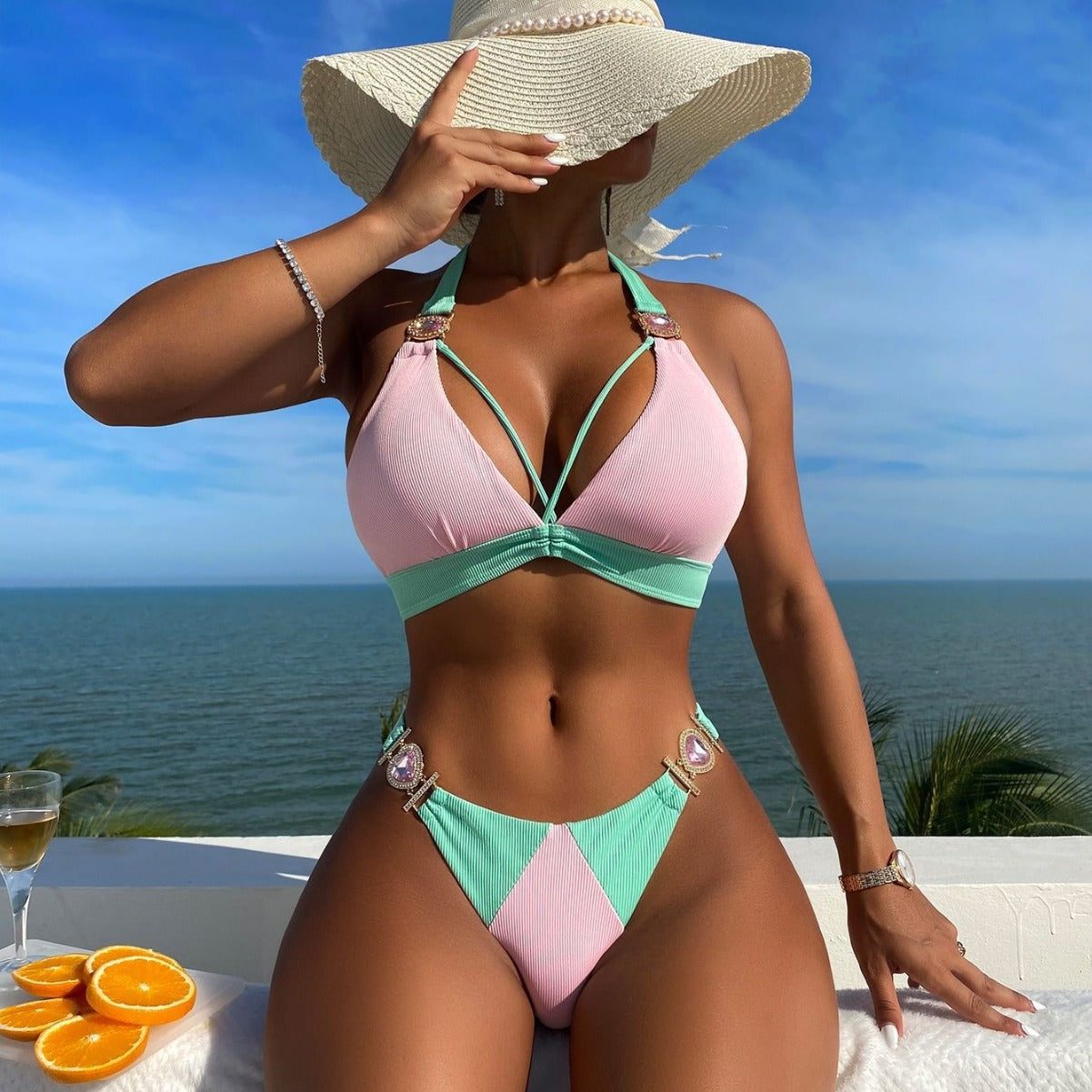 Color Matching Lace up Sunken Stripe High Waist Bikini Sexy Split Swimsuit Serene